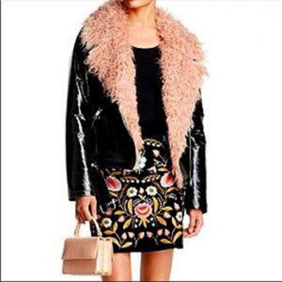 💥STUNNING!💥Pink Faux Mongolian Fur Collar & Lining Glossy Leather Moto Jacket - Picture 16 of 16